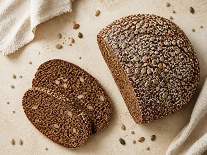 Seeded Rye Loaf — shot from directly overhead: a dense oval of dark rye and seeds
