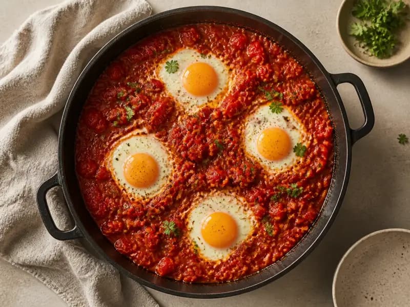 Shakshuka — shot from directly overhead: eggs poached directly in a spiced tomato and pepper stew
