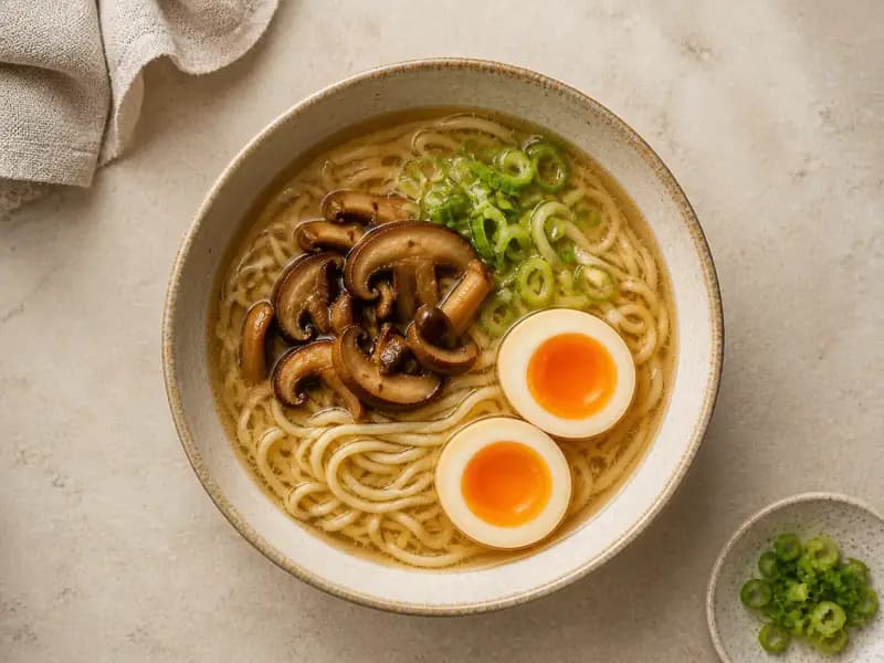 Silky Miso Mushroom Ramen — shot from directly overhead: a shiitake and kombu broth that starts with a half-hour soak