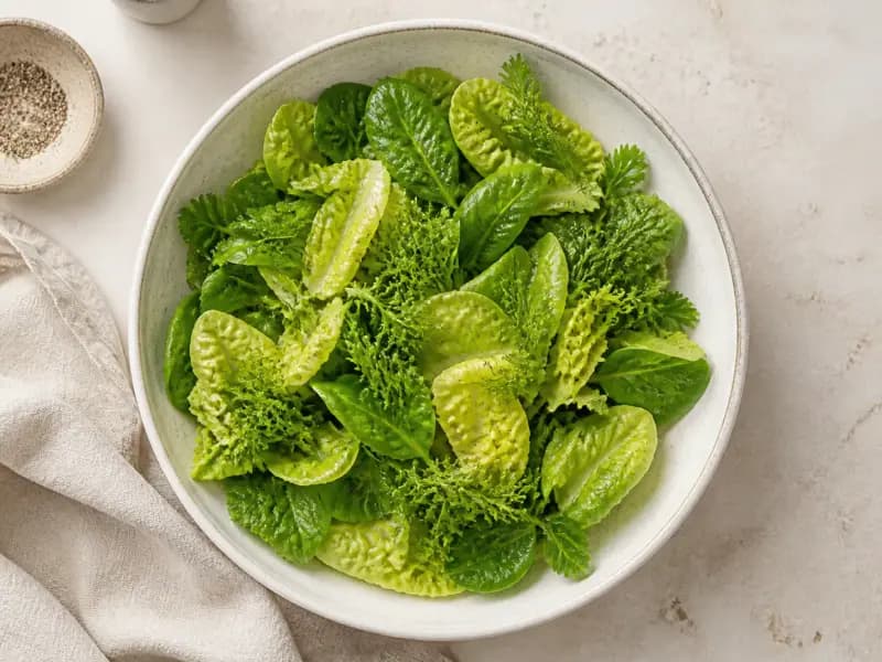 Simple Green Salad — shot from directly overhead: nothing but leaves and vinaigrette