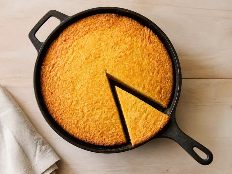 Skillet Cornbread — shot from directly overhead: a savoury all-cornmeal bread baked in a preheated cast-iron pan