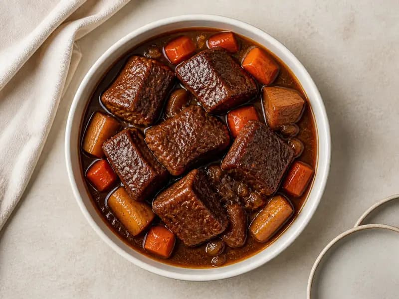 Slow-Braised Beef Shin — shot from directly overhead: beef shin browned hard then cooked for hours at a bare simmer