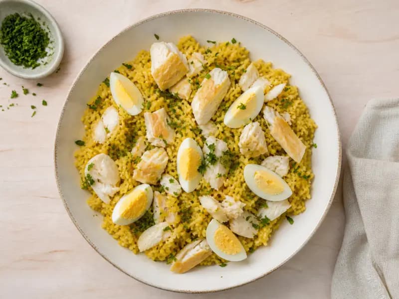 Smoked Haddock Kedgeree — shot from directly overhead: smoked haddock poached in milk