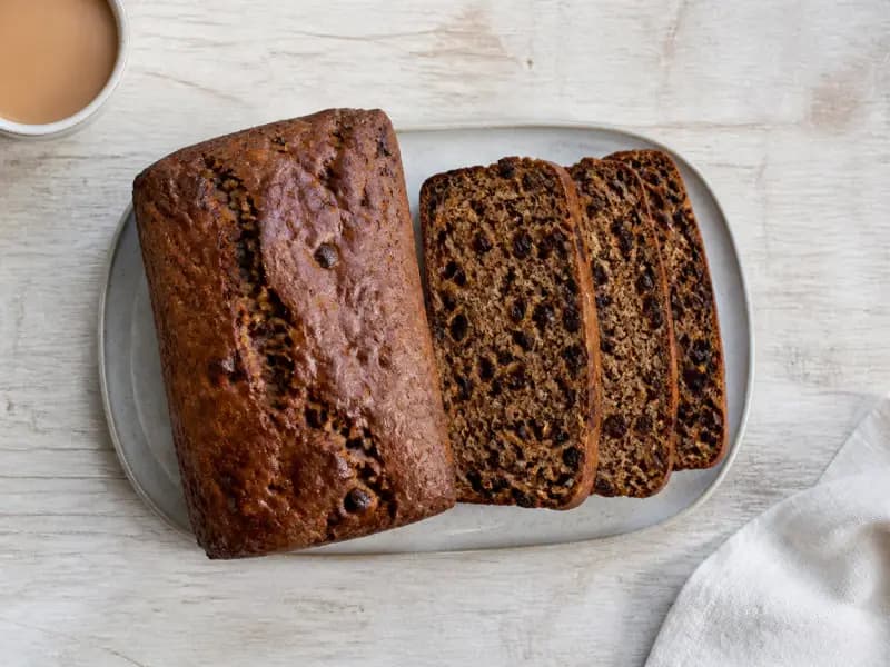 Spiced Fruit Tea Loaf — shot from directly overhead: dried fruit soaked overnight in strong tea