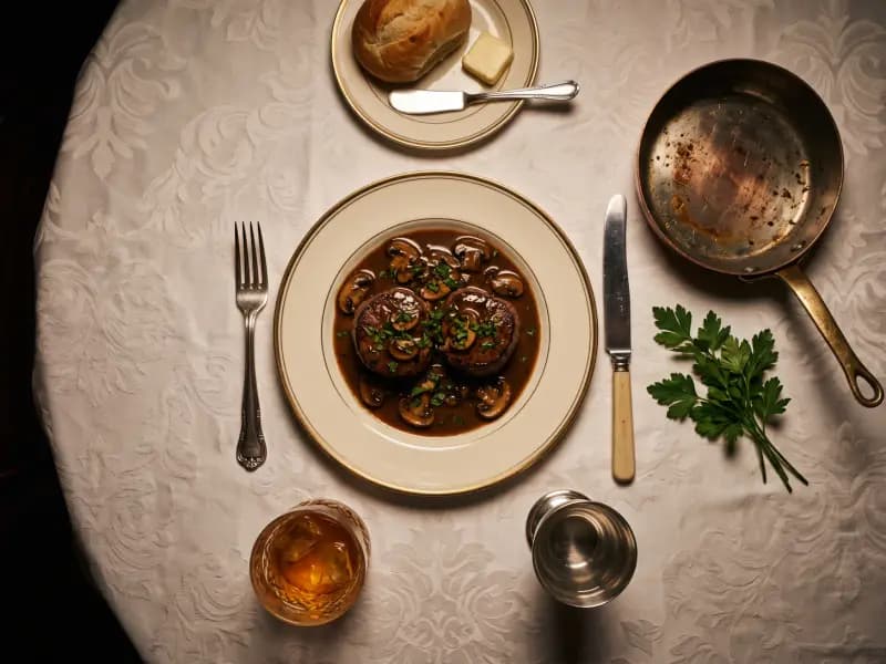 Steak Diane — shot from directly overhead: thin beef fillet seared in seconds