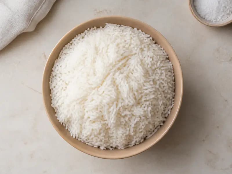 Steamed Basmati Rice — shot from directly overhead: basmati rinsed until the water runs clear and cooked by absorption