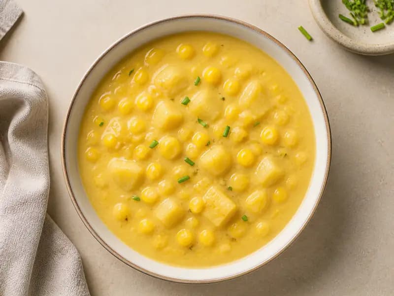 Sweetcorn Chowder — shot from directly overhead: a thick corn soup that simmers the stripped cobs in the stock first
