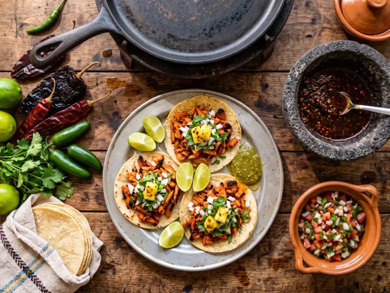 Tacos al Pastor — shot from directly overhead: chilli-and-pineapple marinated pork
