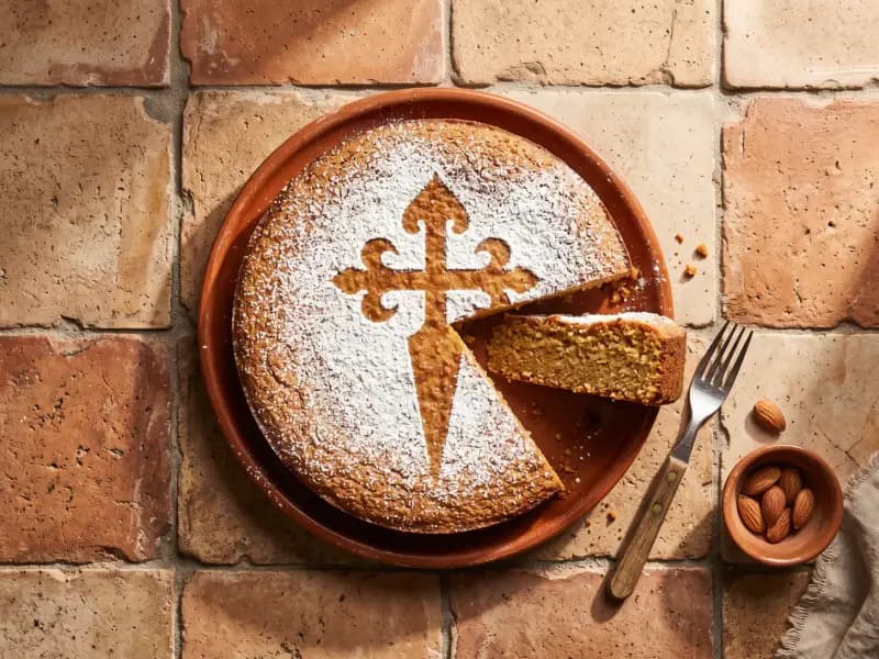 Tarta de Santiago — shot from directly overhead: a flourless almond cake with nothing in it but almonds