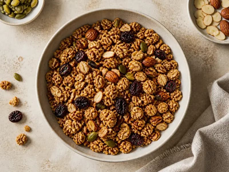 Toasted Honey Granola — shot from directly overhead: an oat and almond granola bound with honey and baked in a slab