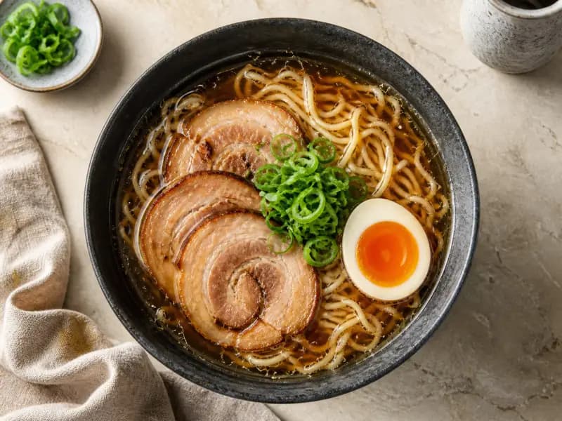 Shoyu Ramen with Chashu Pork — shot from directly overhead: a soy-based broth that tastes long-cooked because it is