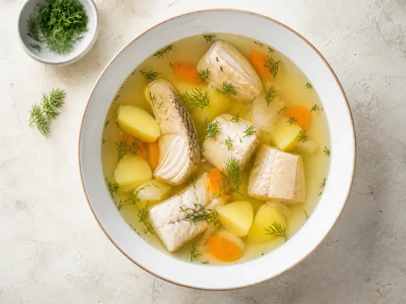 Ukha — shot from directly overhead: clear freshwater fish broth