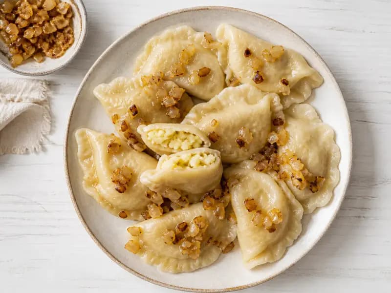 Vareniki — shot from directly overhead: larger Ukrainian dumplings filled with potato and fried onion or with sweetened curd