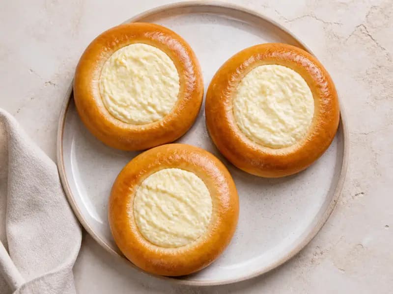 Vatrushka — shot from directly overhead: yeasted buns pressed into a ring around a well of sweetened curd cheese