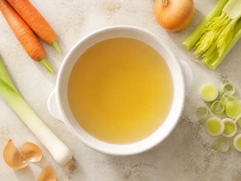 Vegetable Stock — shot from directly overhead: a light stock of leek