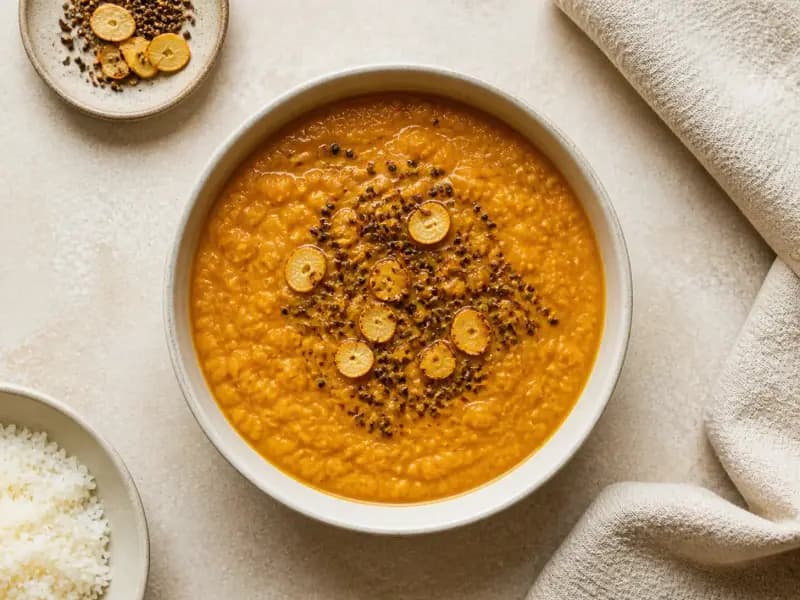 Weeknight Red Lentil Dal — shot from directly overhead: red lentils simmered down to a loose puree with turmeric