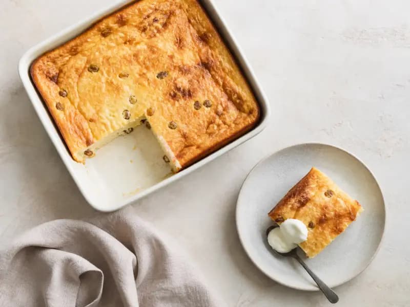 Zapekanka — shot from directly overhead: curd cheese baked with semolina